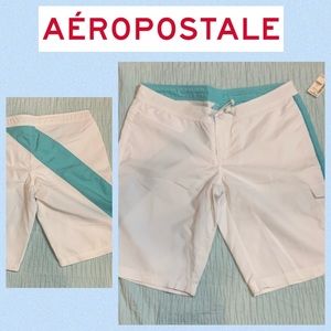 Men’s White & Teal Unlined Velcro Swim Shorts Med